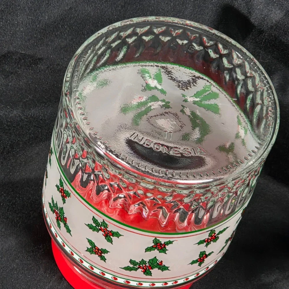 Set of 2 Vintage Christmas Holly Glass‎ Jars Red Lids Kitchen Storage Canisters